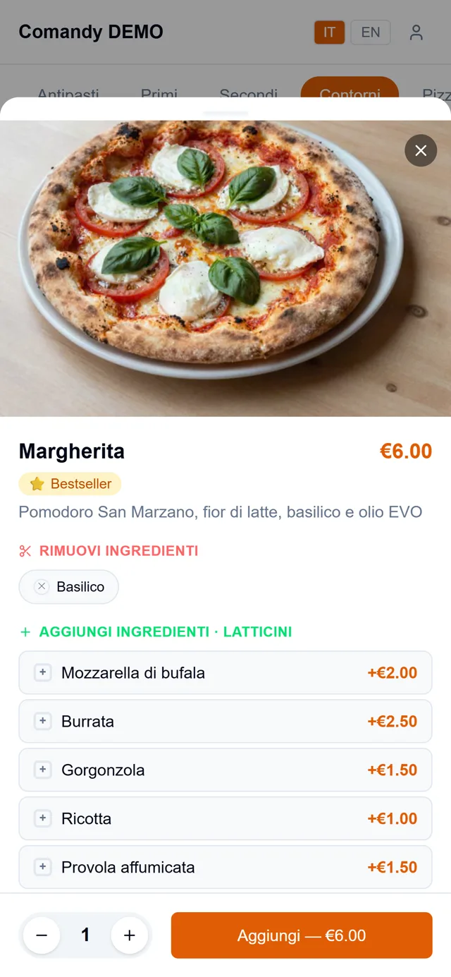 La scheda della Margherita sul telefono, con gli ingredienti da togliere e gli extra