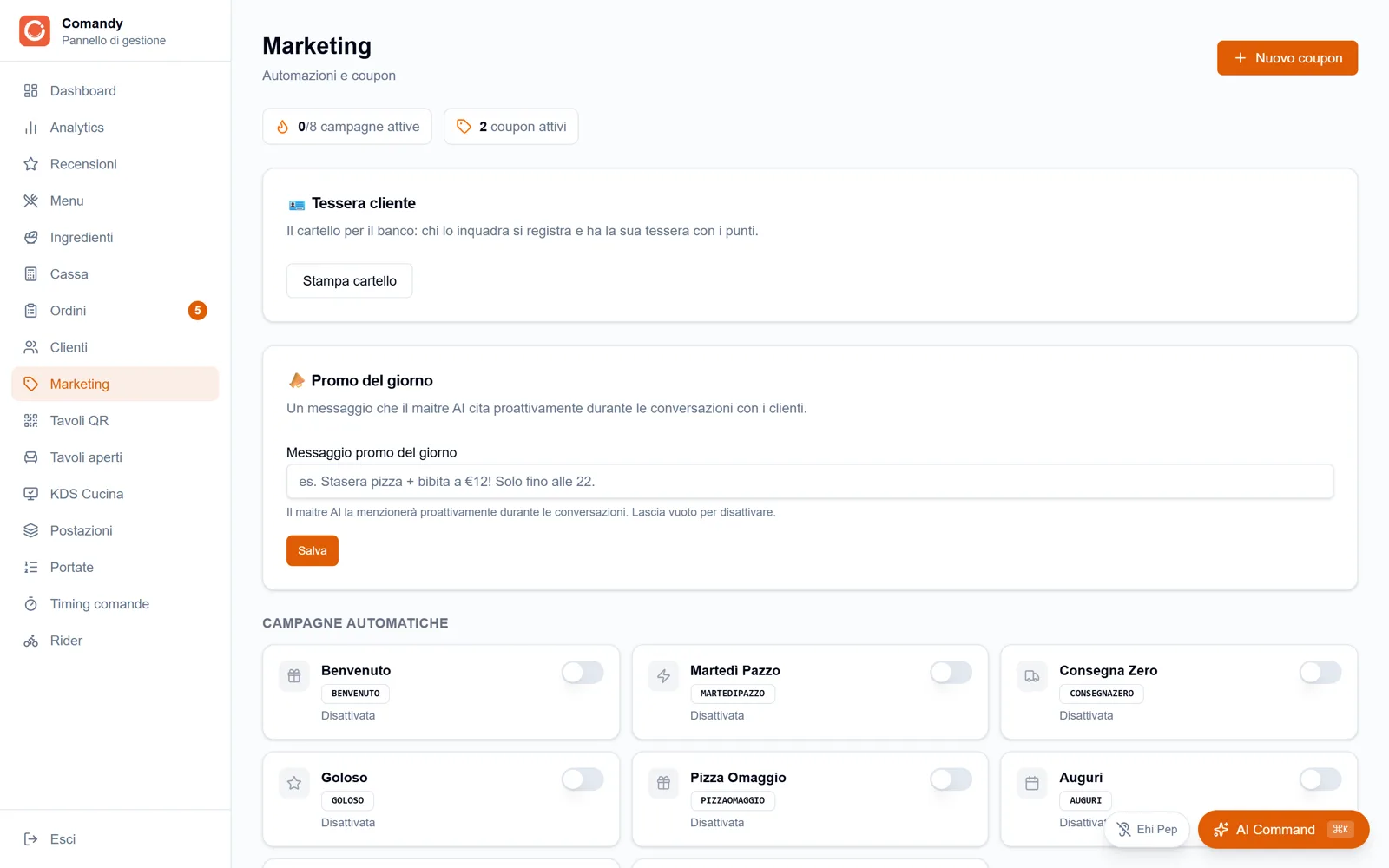 La pagina marketing con le campagne automatiche